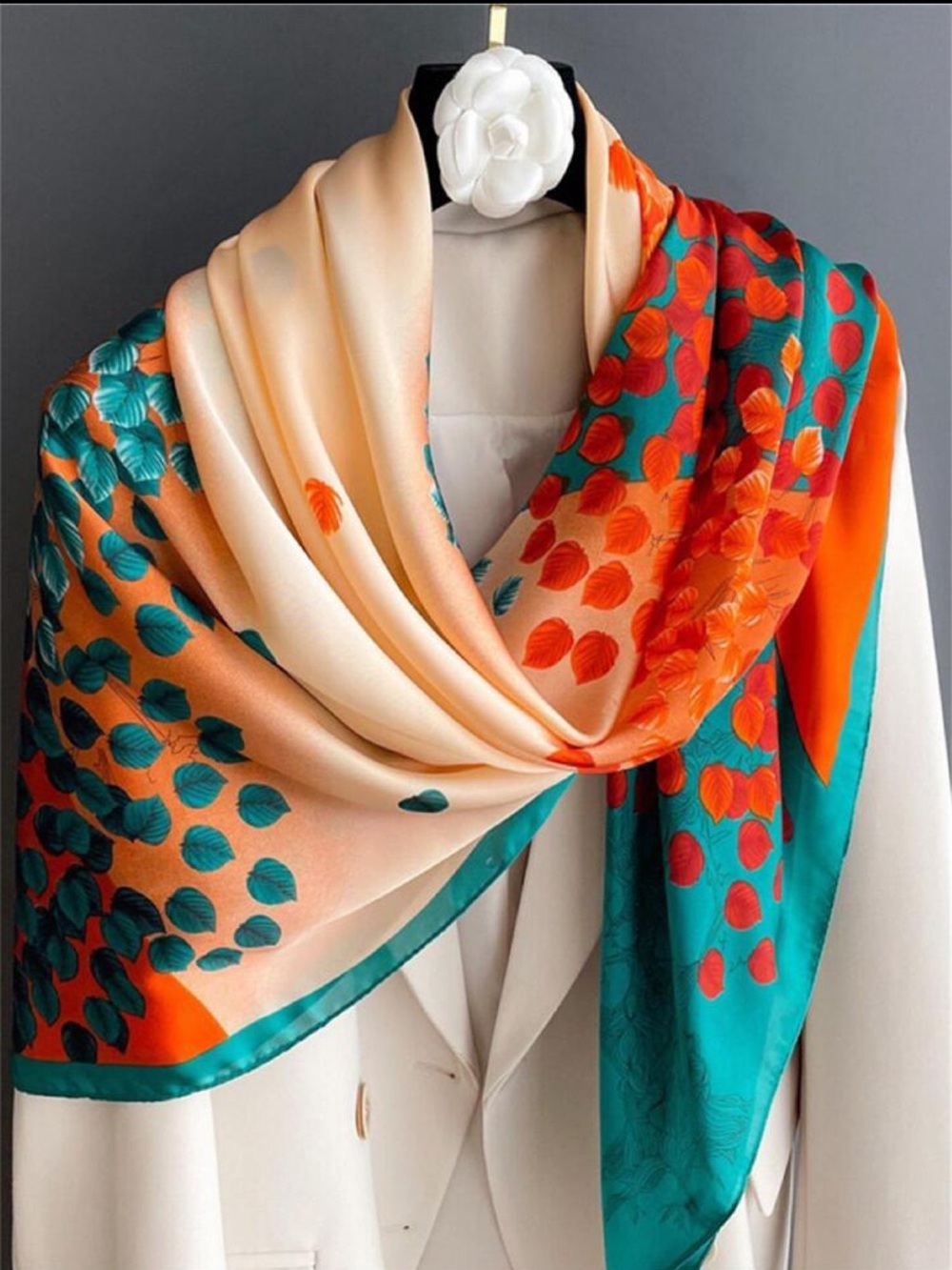 Satin Feel Leaf Print Scarf in Teal, Orange & Cream nwt